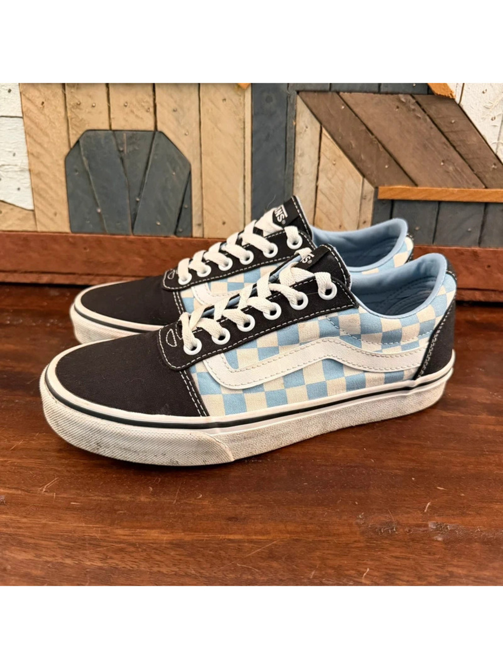 Vans Old Skool Checkerboard Dawn Mist Blue Black Low Top Sneakers Women’s 7